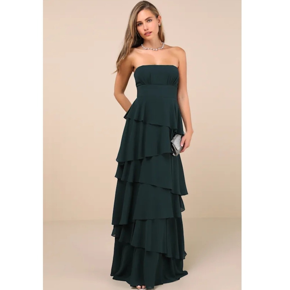 Lulus Gorgeous Essence Emerald Green Strapless Tiered Maxi Dress Formal New M